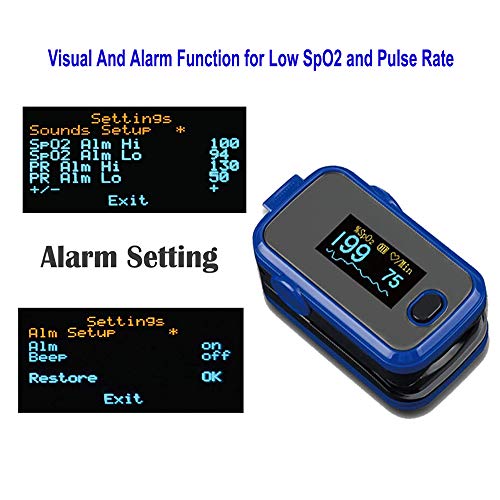 Oxímetro de pulso en la punta de los dedos SpO2 función de alarma para baja saturación de oxígeno en sangre, pulsómetro, monitor de frecuencia cardíaca, pantalla OLED, bolsa de transporte y cordón