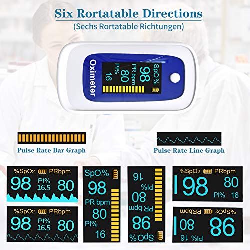 Oximetro dedo, Pulsioximetro Portátil Ligero, medidor de oxigeno en sangre para Pulso, medidor saturacion oxigeno con Pantalla OLED Omnidireccional, oxímetro con Alarma, Incluye Cordón y 2 Pilas AAA