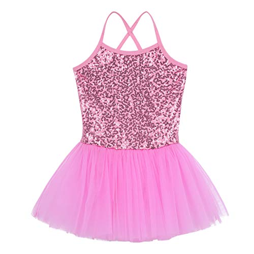 Oyolan Vestido de Danza Ballet Niña Princesa Vestido Tutu Lentejuelas Espalda Cruzada Traje Ropa de Baile Maillot Monos de Danza Clásica Traje de Bailarina Rosa 5-6 años