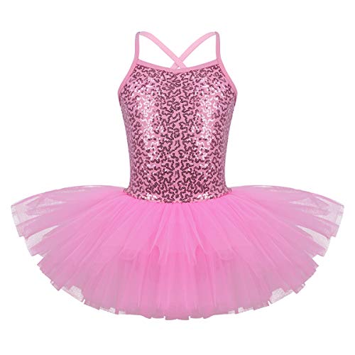 Oyolan Vestido de Danza Ballet Niña Princesa Vestido Tutu Lentejuelas Espalda Cruzada Traje Ropa de Baile Maillot Monos de Danza Clásica Traje de Bailarina Rosa 5-6 años