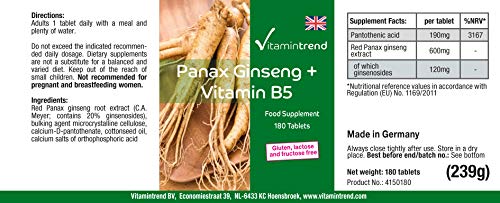 Panax Ginseng + Vitamina B5– 180 Comprimidos – Vegano – Ginseng Rojo Coreano – Alta dosis