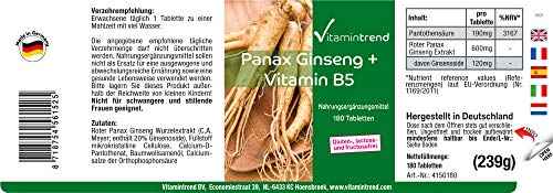 Panax Ginseng + Vitamina B5– 180 Comprimidos – Vegano – Ginseng Rojo Coreano – Alta dosis