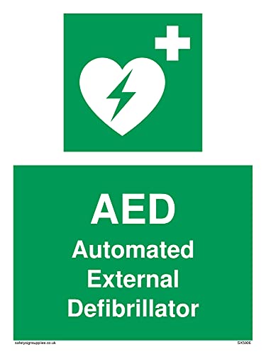 Paquete de 5 – AED Automated Externa Desfilbrilador con símbolo de desfibrilador de corazón – 150 x 200 mm – A5P