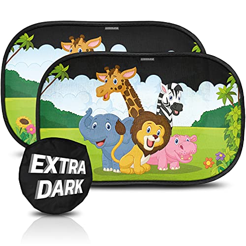 Parasol coche con protección UV extra oscura - autoadhesivo, para proteger del sol a bebés y mascotas, 2 parasoles para bebé con animales de safari