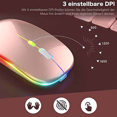 PASONOMI Ratón inalámbrico Bluetooth 2.4 G, recargable, silencioso, 3 modos (Bluetooth 5.1 + USB + Tipo C) ratón óptico inalámbrico con LED para portátil, PC, Mac, IpadOS, Smart Phone/TV (oro rosa)