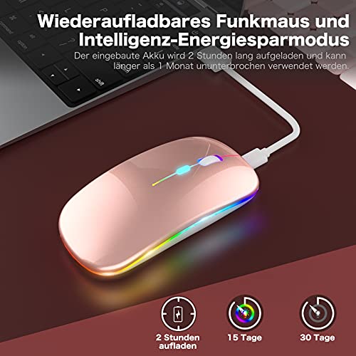 PASONOMI Ratón inalámbrico Bluetooth 2.4 G, recargable, silencioso, 3 modos (Bluetooth 5.1 + USB + Tipo C) ratón óptico inalámbrico con LED para portátil, PC, Mac, IpadOS, Smart Phone/TV (oro rosa)