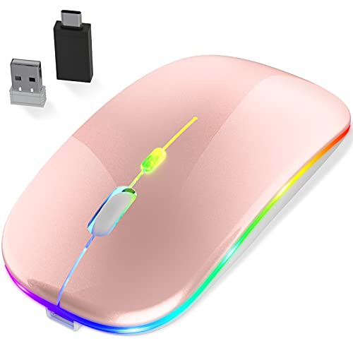 PASONOMI Ratón inalámbrico Bluetooth 2.4 G, recargable, silencioso, 3 modos (Bluetooth 5.1 + USB + Tipo C) ratón óptico inalámbrico con LED para portátil, PC, Mac, IpadOS, Smart Phone/TV (oro rosa)