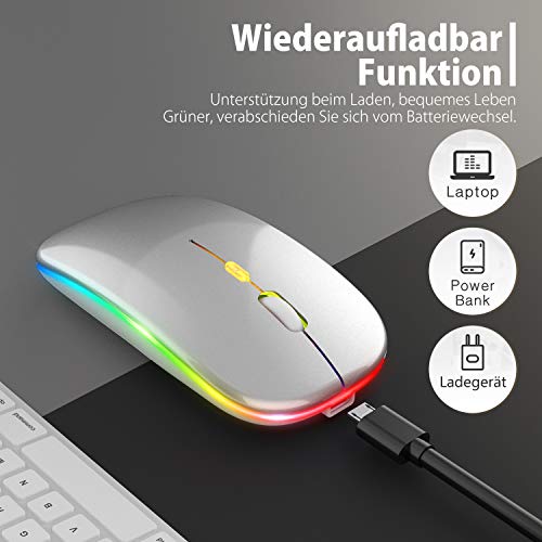 PASONOMI Raton Inalámbrico LED Recargable, Silencioso 2.4G USB Ratón Ultra Delgado 1600 dpi con receptor tipo C para Computadora Portátil, PC, Mac (Plata)