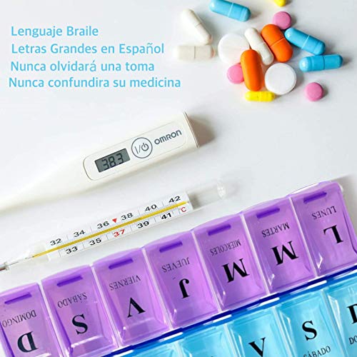 Pastillero Semanal 2 Tomas Diarias en Español.- con 14 Compartimentos para Pastillas y Medicamentos - Organizador y Dosificador de Medicamentos de Toma Diaria – Caja de Pastillas Viaje Madre