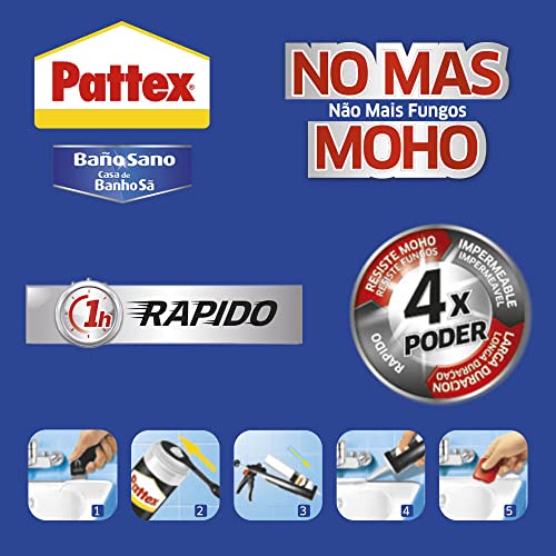 Pattex Baño Sano No Más Moho, silicona antimoho e impermeable, silicona transparente duradera cocina y baño, resistente silicona sanitaria, 1 cartucho x 280 ml