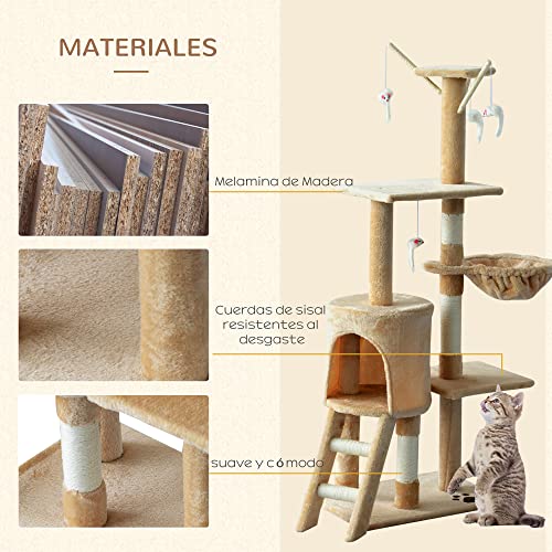 PawHut Árbol para Gatos Rascador Grande con Nidos Plataformas Casetas Ratón de Juego 131cm Cubierto de Felpa Beige