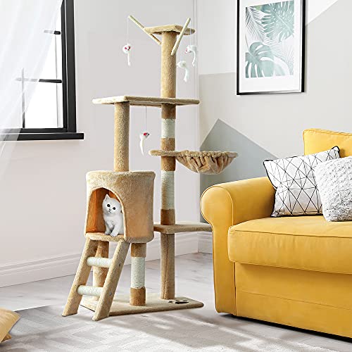 PawHut Árbol para Gatos Rascador Grande con Nidos Plataformas Casetas Ratón de Juego 131cm Cubierto de Felpa Beige