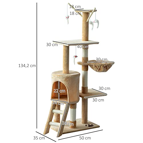 PawHut Árbol para Gatos Rascador Grande con Nidos Plataformas Casetas Ratón de Juego 131cm Cubierto de Felpa Beige