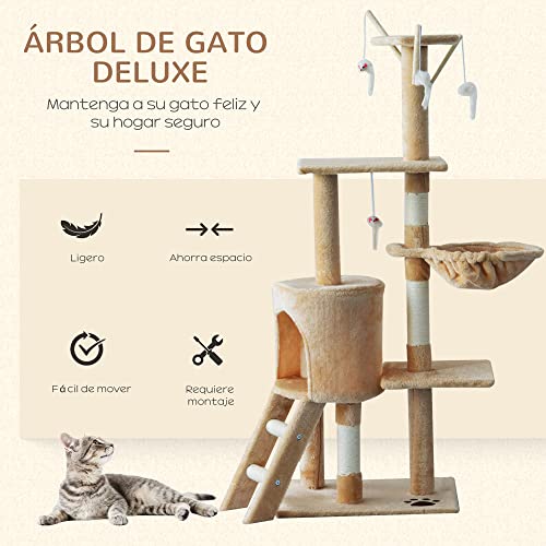 PawHut Árbol para Gatos Rascador Grande con Nidos Plataformas Casetas Ratón de Juego 131cm Cubierto de Felpa Beige