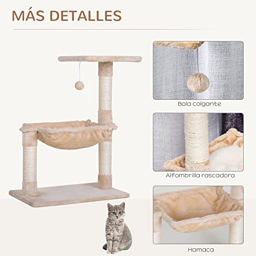 Pawhut Árbol Rascador Grande Rascador para Gatos Centro de Actividad Plataforma Caseta Sisal Natural 50x36x70cm