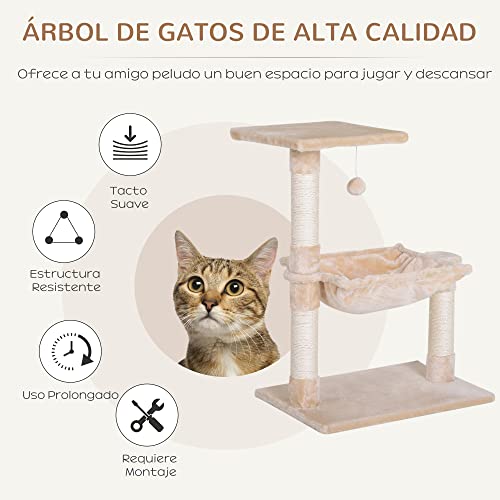 Pawhut Árbol Rascador Grande Rascador para Gatos Centro de Actividad Plataforma Caseta Sisal Natural 50x36x70cm