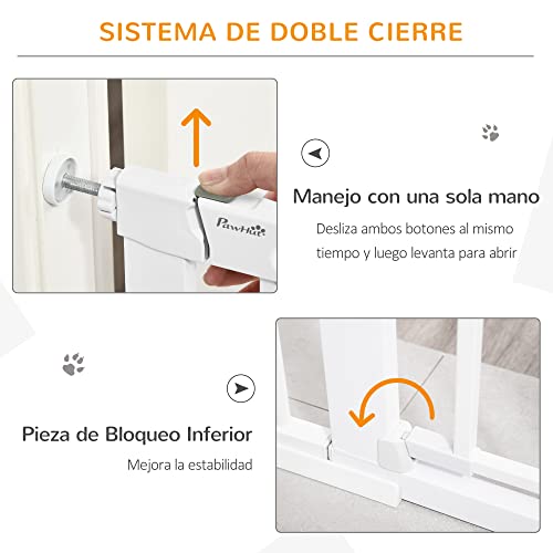 Pawhut Barrera de Seguridad de Perros Mascotas para Escaleras y Puertas 75-103 cm con 2 Extensiones Cierre Automático y Sistema de Doble Bloqueo Acero Blanco