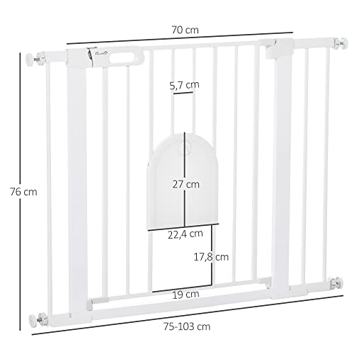 Pawhut Barrera de Seguridad de Perros Mascotas para Escaleras y Puertas 75-103 cm con 2 Extensiones Cierre Automático y Sistema de Doble Bloqueo Acero Blanco