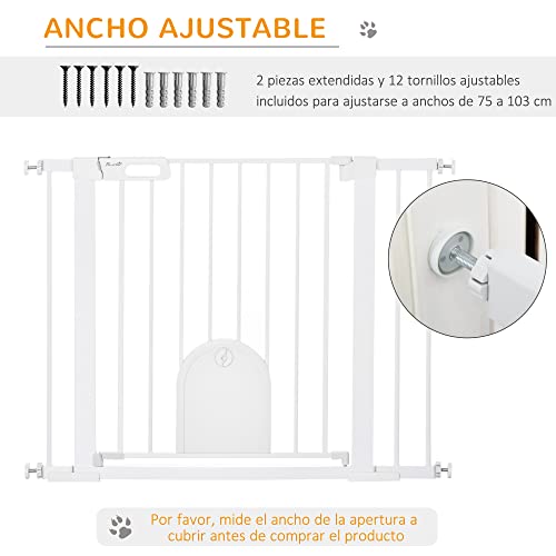 Pawhut Barrera de Seguridad de Perros Mascotas para Escaleras y Puertas 75-103 cm con 2 Extensiones Cierre Automático y Sistema de Doble Bloqueo Acero Blanco