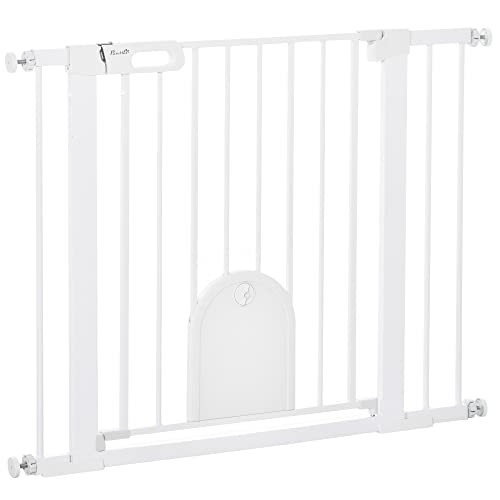 Pawhut Barrera de Seguridad de Perros Mascotas para Escaleras y Puertas 75-103 cm con 2 Extensiones Cierre Automático y Sistema de Doble Bloqueo Acero Blanco