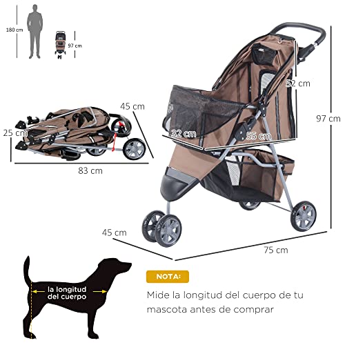 PawHut Cochecito Plegable Mascotas 75x45x97cm Perros Gatos Carrito Ruedas giran 360º Cafe