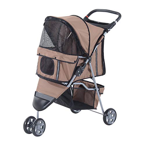 PawHut Cochecito Plegable Mascotas 75x45x97cm Perros Gatos Carrito Ruedas giran 360º Cafe