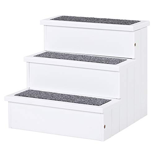 Pawhut Escalera para Mascotas 3 Peldaños con Espacio de Almacenaje y Alfombra Antideslizantes Portátil Madera para Vehículo Carga 30 kg 40,5x44,5x38 cm Blanco