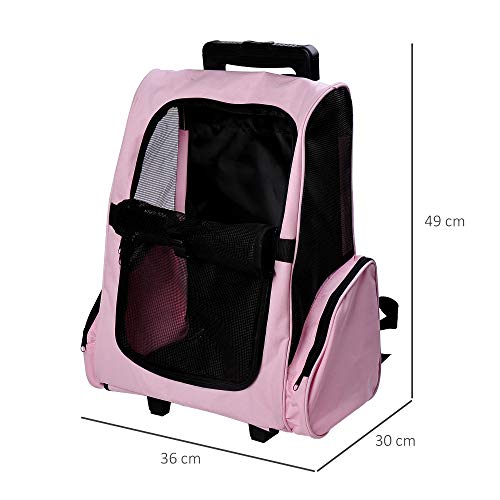 PawHut Transportín 2 en 1 para Mascotas Mochila o Carrito de Viaje para Perro y Gato con 2 Ruedas con Asa retráctil de Aluminio y Bolsillos 42x25x55 cm Rosa