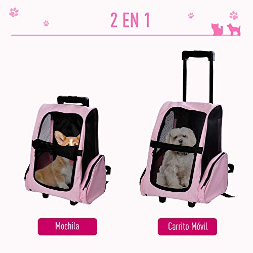 PawHut Transportín 2 en 1 para Mascotas Mochila o Carrito de Viaje para Perro y Gato con 2 Ruedas con Asa retráctil de Aluminio y Bolsillos 42x25x55 cm Rosa