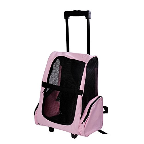 PawHut Transportín 2 en 1 para Mascotas Mochila o Carrito de Viaje para Perro y Gato con 2 Ruedas con Asa retráctil de Aluminio y Bolsillos 42x25x55 cm Rosa