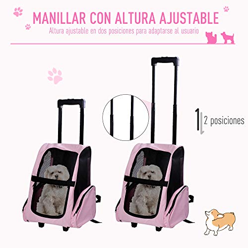 PawHut Transportín 2 en 1 para Mascotas Mochila o Carrito de Viaje para Perro y Gato con 2 Ruedas con Asa retráctil de Aluminio y Bolsillos 42x25x55 cm Rosa