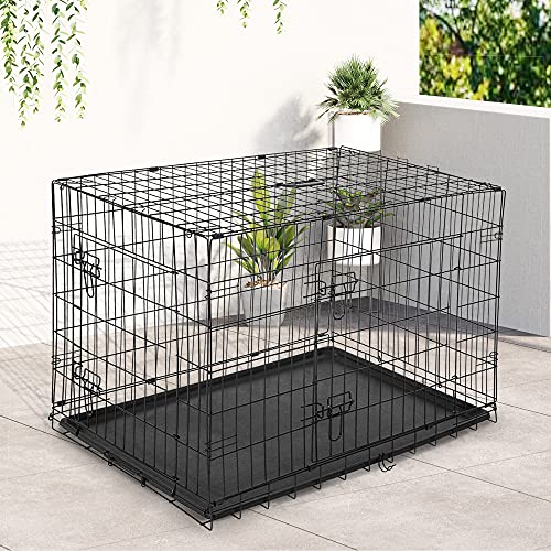 PawHut Transportín de Perro de 2 Puertas Jaula de Alambre para Perros Plegable con Asa Acero 122x77x82cm Negro