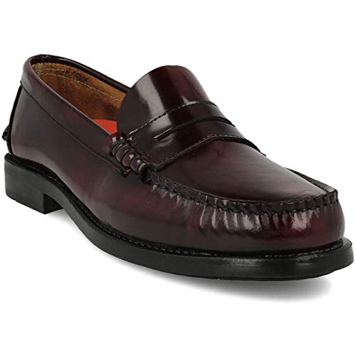 PAYMA - Mocasin de Piel para Hombre. Hechos en España. Zapato Clasico Antifaz y Borlas para Caballero. Piso de Goma Muy Flexible. Piel Antiarrugas. Color: Burdeos Antifaz, Talla EU 42