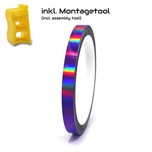 Pegatina para la llanta ancho 7mm cromo hologramma con herramienta de montaje 16" 17" 18" 19" montaje tira decorativa para motocicleta, coche, bicicleta (holograma morado)