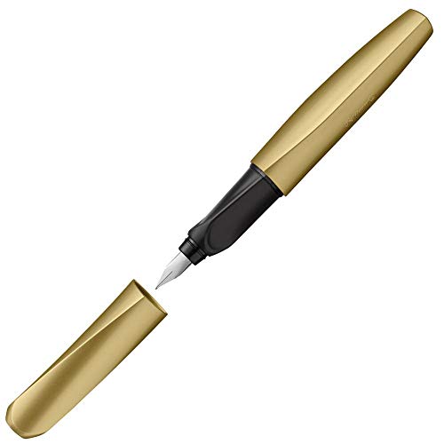 Pelikan 811392 - Pluma estilográfica Twist cartucho de tinta azul incluido, mango ergonómico, para usuarios diestros y zurdos, uso escolar, punta de acero M, Dorado