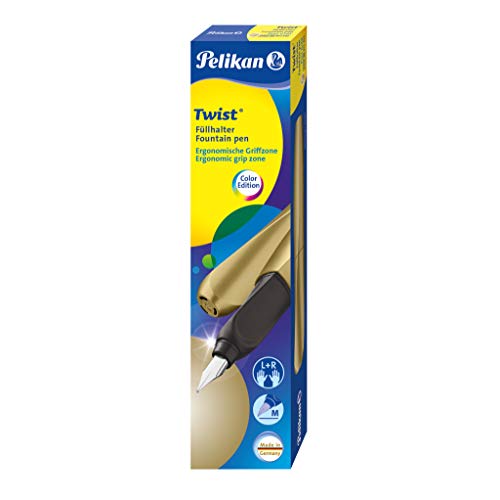 Pelikan 811392 - Pluma estilográfica Twist cartucho de tinta azul incluido, mango ergonómico, para usuarios diestros y zurdos, uso escolar, punta de acero M, Dorado