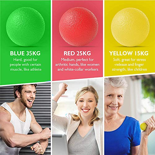 Pelota Rehabilitacion Mano, Pelota Antiestres Pelotas Ejercicio Manos, Antiestres Ejercitar para Fisioterapia, Tratamiento de Manos, Alivio del estrés, 3 Niveles de Resistencia, 3 Colores