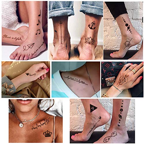 Pequeños tatuajes impermeables temporales: 60 hojas, constelaciones de estrellas de la luna, brújula musical, ancla, palabras, líneas, flores para niños, adultos, hombres y mujeres.