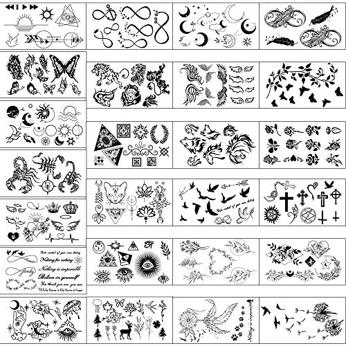 Pequeños tatuajes impermeables temporales: 60 hojas, constelaciones de estrellas de la luna, brújula musical, ancla, palabras, líneas, flores para niños, adultos, hombres y mujeres.