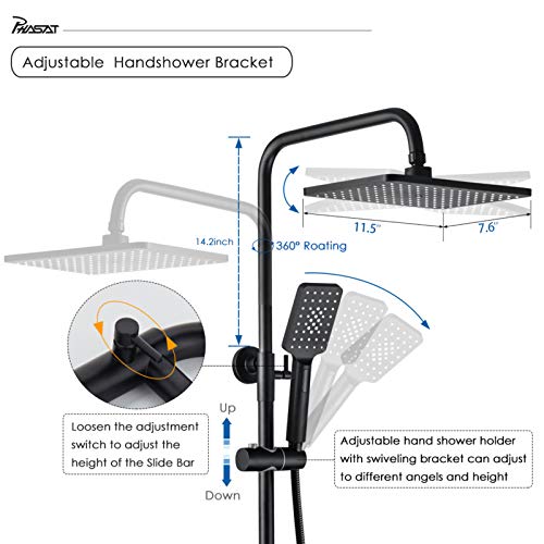PHASAT Conjunto Ducha con Grifo Negro Termostático Columna Ducha Lluvia 3 Funciones,Altura Ajustable Set de Ducha,SB07