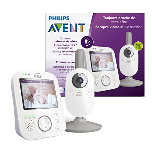 Philips Avent Vigilabebés con cámara SCD843/01 - Vigilabebés con privacidad (A-FHSS), pantalla a color 8,8 cm (3,5"), zoom x2, nanas, luz nocturna y temperatura