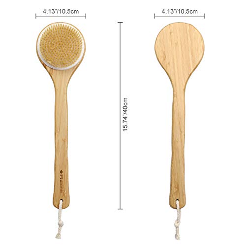 Philorn Cepillo de Baño, Cuerpo Cepillo con Mango Largo de 15.7" de Bambú, Suave Natural Cerdas Cepillo, Cepillo Espalda Ducha para Masaje, Promueve la Circulación Sanguínea, Celulitis Exfoliante