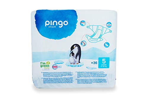 Pingo - Pañales Talla 5 Junior - 2 paquetes de 36 unidades-12-25 kg- Pañales para bebé - Anti-alergénicos sin perfume - Máxima Absorción - Pañales ecológicos - Pieles sensibles - Color Blanco