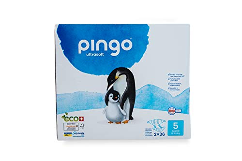 Pingo - Pañales Talla 5 Junior - 2 paquetes de 36 unidades-12-25 kg- Pañales para bebé - Anti-alergénicos sin perfume - Máxima Absorción - Pañales ecológicos - Pieles sensibles - Color Blanco