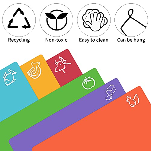 Pinsheng Juego de 6 Tablas de Cocina de cortar de Flexible, Tablas de cortar con Color Diferente con Iconos de Alimentos, BPA-Libre Tablas de Cortar de plástico de lavavajillas seguridad