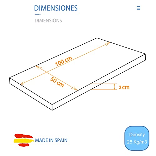 Plancha de Espuma Polieuretano 50x100cm Grosor 3 cm Densidad Media D25 Firme Multiusos Colchón Cojín Relleno para Asientos Tapicería Disfraces de Foam Maletín de transporte Color Azul