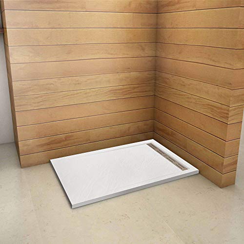 Plato de Ducha Rectangular extraplano RESINA PIZARRA GEL COAT BLANCO, Válvula incluida, Antideslizante 80x90cm