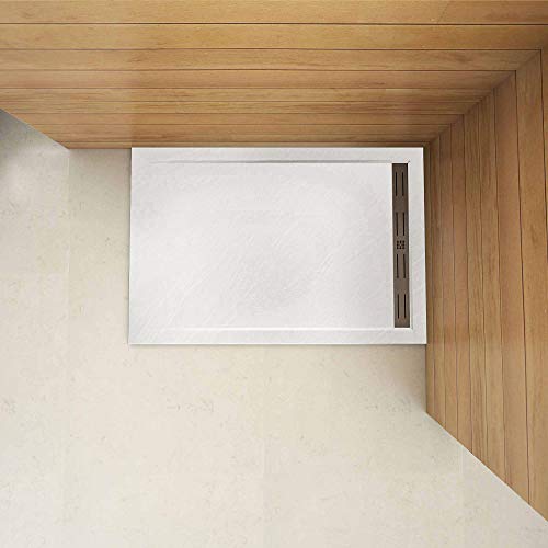 Plato de Ducha Rectangular extraplano RESINA PIZARRA GEL COAT BLANCO, Válvula incluida, Antideslizante 80x90cm