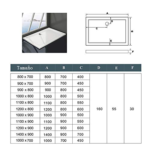 Plato de ducha Resina Blanco, Extraplano, Rectangular 90x80cm