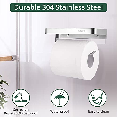 Portarrollos de Papel Higiénico, JiGiU Soporte para Papel Higiénico con el Teléfono Móvil Estante, Autoadhesivo Montado y perforación Montada Impermeable Acero Inoxidable 304 para Baño Cocina